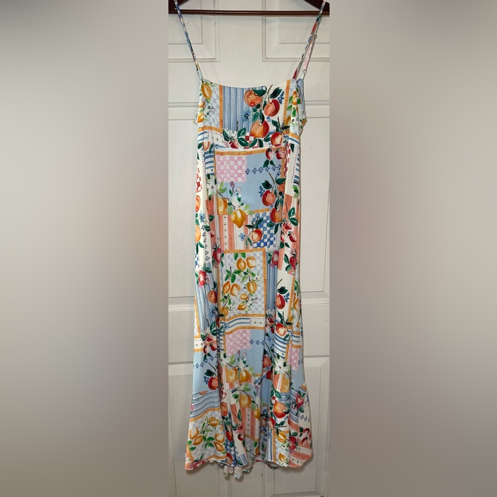 Paper Heart | Anthropologie Floral Fruit Patchwork Print Maxi Tie Back Dress  L.